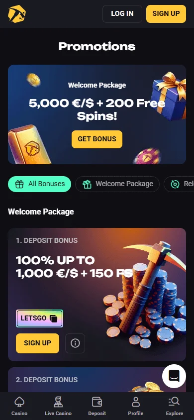 Slotsmines Casino mobile promotions area